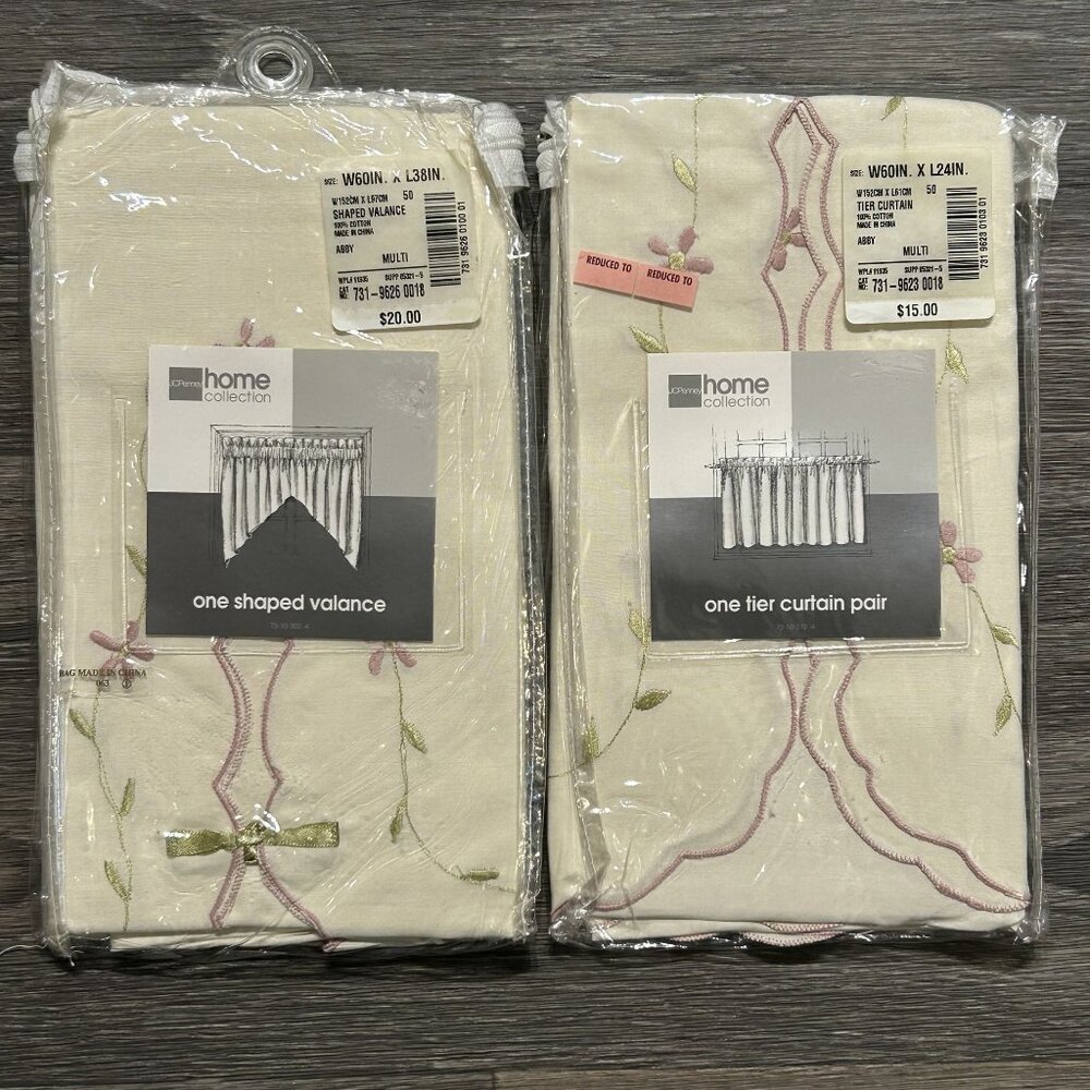 JCPenney Home Tier Curtain Set 60"x24" 38" Valance Set Embroidered Floral